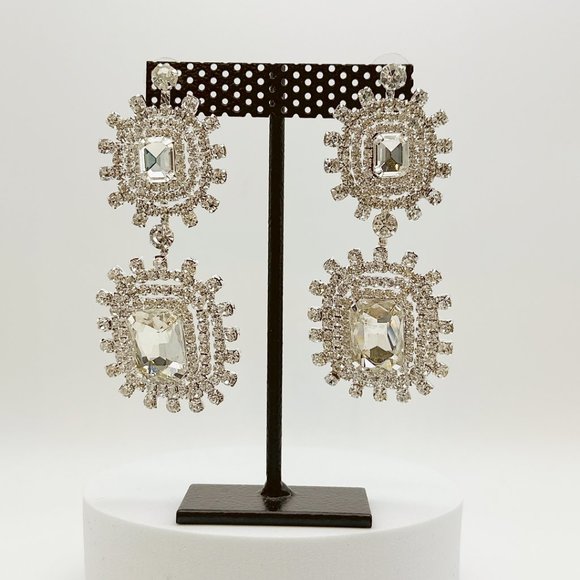 Silver Tone Deco Glam Bridal Chandelier Earrings - Picture 6 of 6